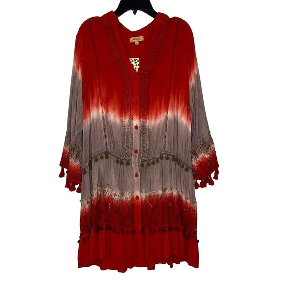 Magic Women's L Tie-Dye Boho Kimono Dress Lace Trim and Pom Pom Accents NEW - Picture 1 of 13